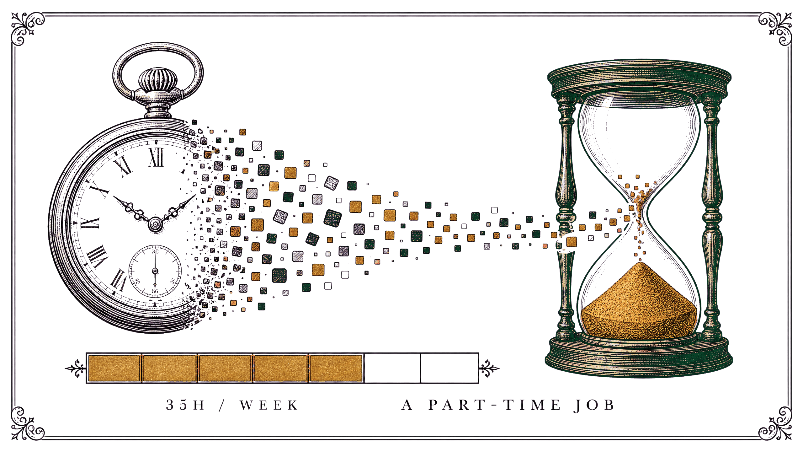 Hours turning from a pocket watch into an hourglass, showing screen time as a part-time job