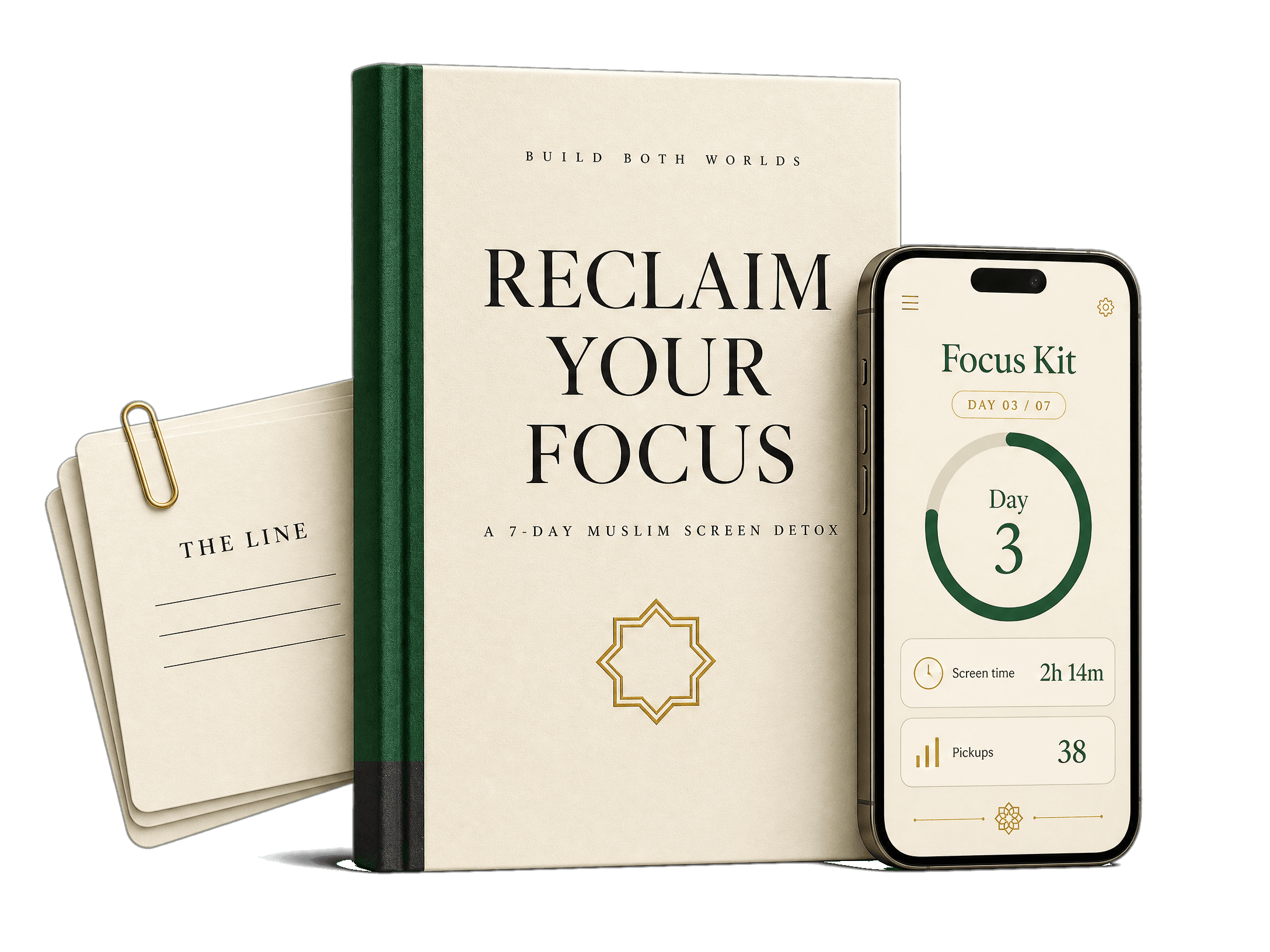 Reclaim Your Focus course book, Focus Kit app, and The Line rule card
